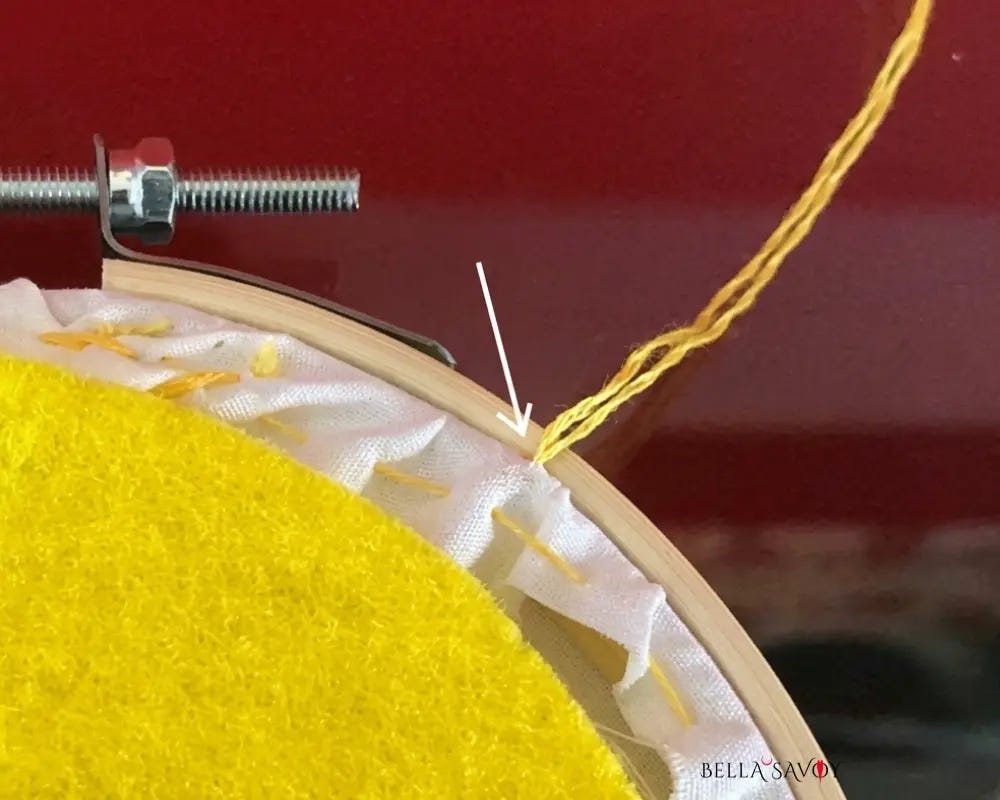 thread placed through back of fabric to begin finishing the back of hoop