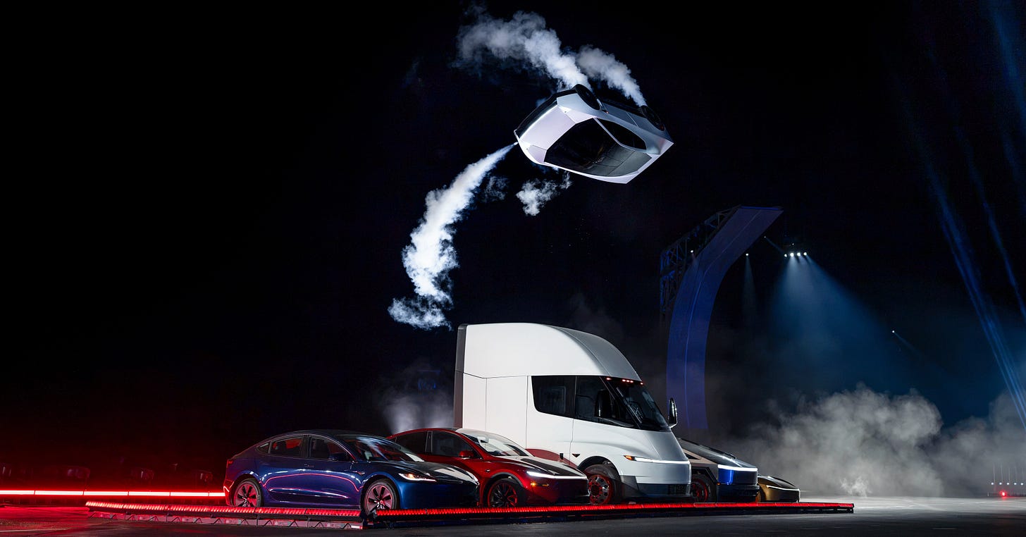 White Tesla Roadster flying upside down over a lineup of Tesla vehicles at night, with white gas trails streaming from its thrusters. White Tesla Roadster flying upside down over a lineup of Tesla vehicles at night, with white gas trails streaming from its thrusters.