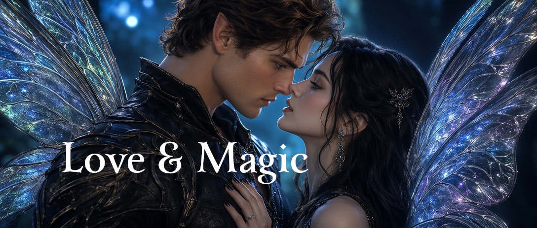 Promotional banner for Love & Magic, featuring a winged fantasy couple leaning in for a kiss beneath shimmering blue fairy wings.