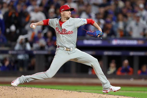 Jeff Hoffman of the Philadelphia Phillies pitches in the fifth inning against the New York Mets during Game Four of the Division Series at Citi Field...