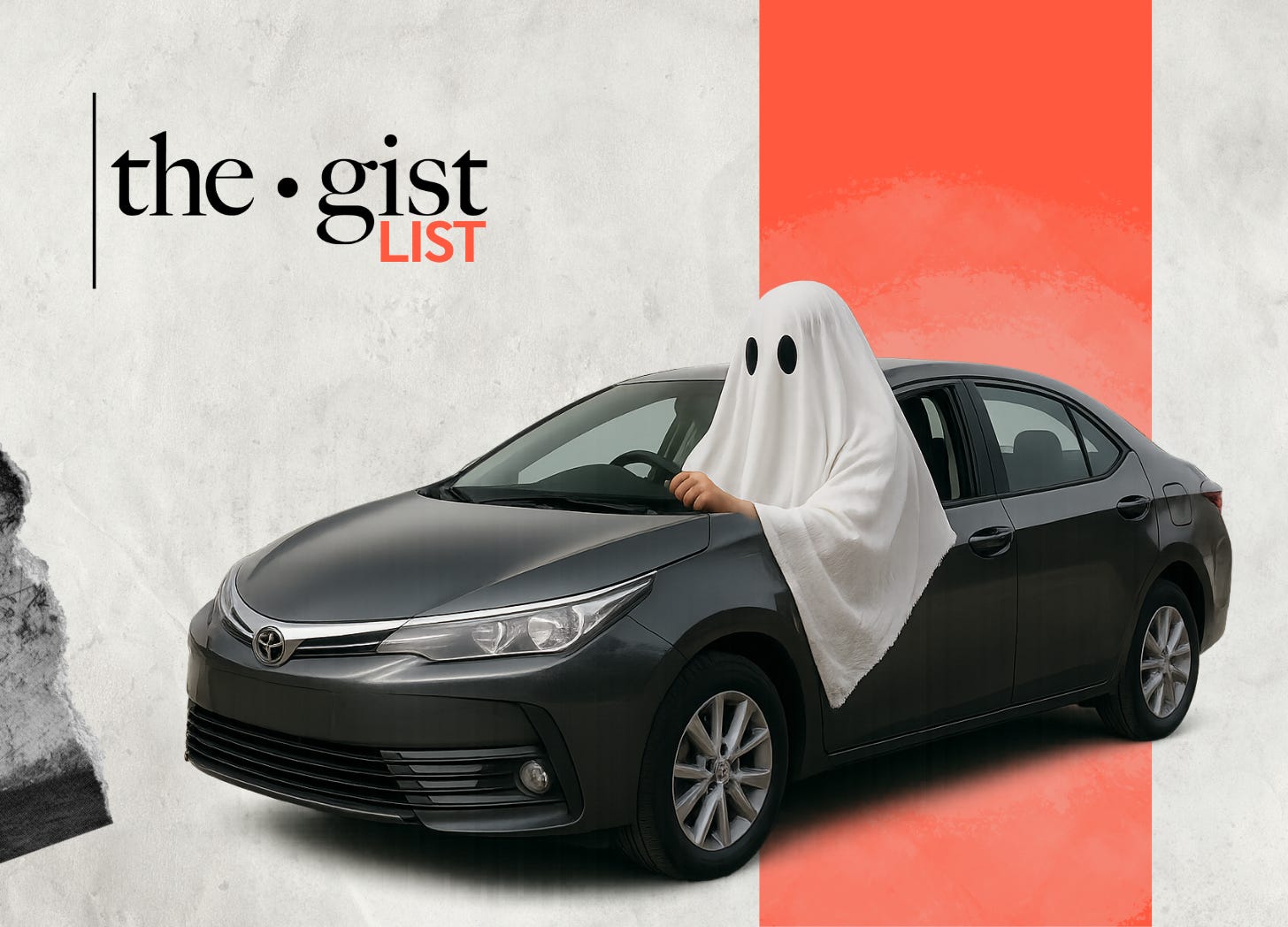 A ghostly, semi-transparent figure driving a car down an empty modern highway — photorealistic, no background, subject centered with open space around the edges.