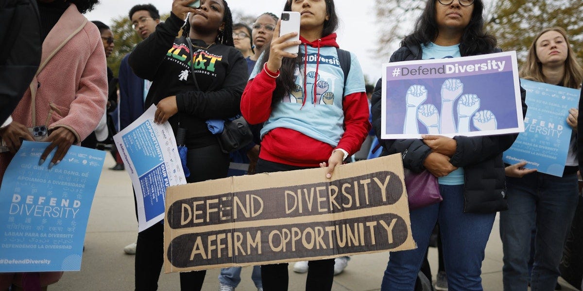 WASHINGTON, DC - OCTOBER 31: Proponents for affirmative action in higher education rally in front of the U.S. Supreme Court before oral arguments in Students for Fair Admissions v. President and Fellows of Harvard College and Students for Fair Admissions v. University of North Carolina on October 31, 2022 in Washington, DC. The conservative Supreme Court will hear arguments for the two cases concerning the consideration of race as one factor in college admission at the two elite universities, which will have an effect on most institutions of higher education in the United States. (Photo by Chip Somodevilla/Getty Images)