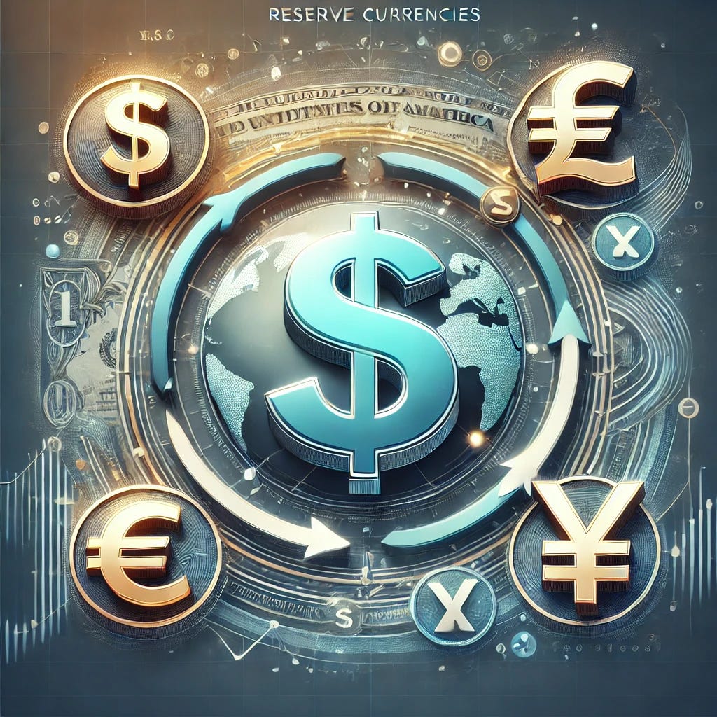 A high-quality, professional illustration representing reserve currencies with a focus on the U.S. dollar's dominance in global trade. At the center, a detailed, prominent U.S. dollar symbol is surrounded by other global currency symbols, such as the euro, yen, yuan, and pound, positioned in a ring around it. Flowing arrows connect these currencies, symbolizing global economic exchange and competition. Additional details include digital currency symbols subtly in the background and a world map outline to represent international influence. The design uses cool tones like blues and greens with touches of metallic gold for a polished, authoritative look suited to a professional newsletter.
