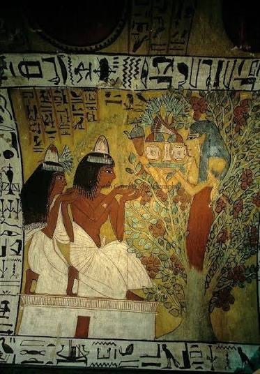 Nut in Her form of Sycamore Tree-Goddess giving water and food to Sennedjem  and his wife Iyneferti. Sennedjem and Iyneferti are dressed in festive  garments, kneeling on a building representing their “House