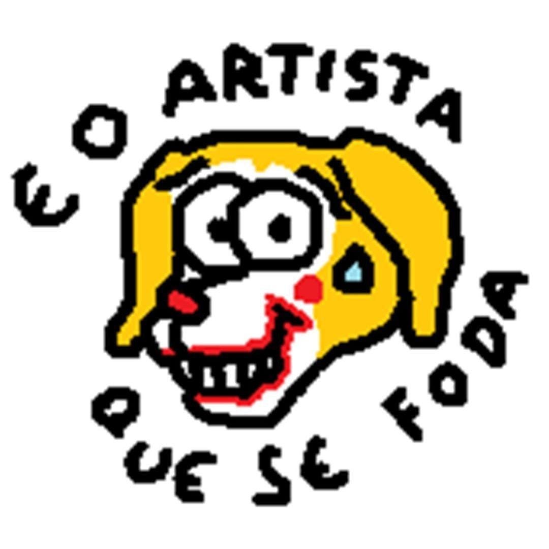 Ilustração digital de Magdiel que mostra um rosto de cachorro caramelo, pintado de palhaço e muito sorridente. O desenho é feito em traços pretos grossos, sobre fundo branco. Lê-se acima e abaixo do desenho: "e o artista que se foda"