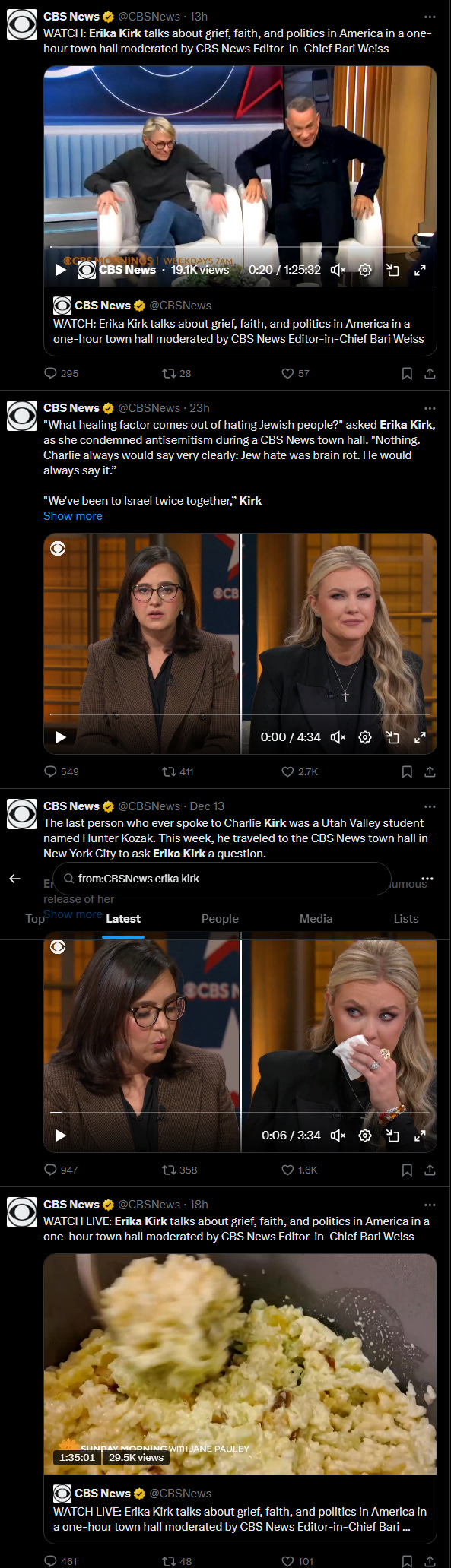 image of four tweets from CBS News promoting the Bari Weiss/Erika Kirk interview. image of four tweets from CBS News promoting the Bari Weiss/Erika Kirk interview.