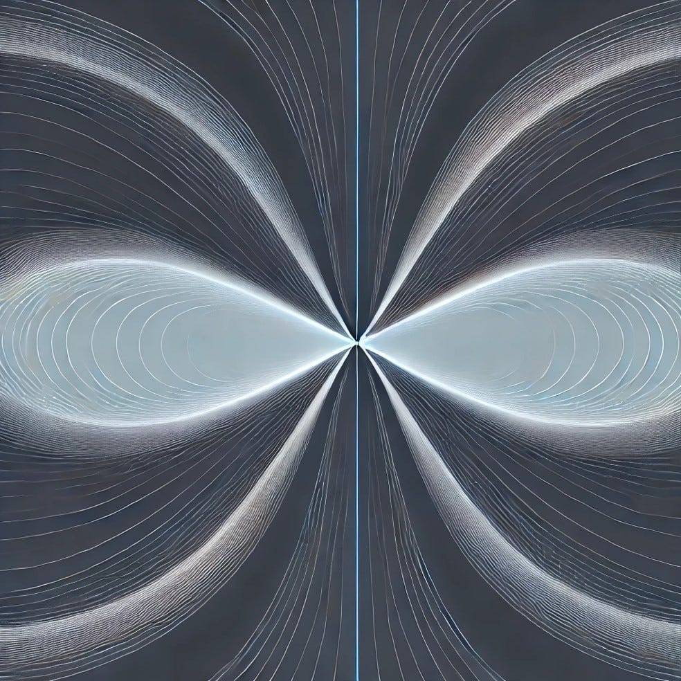 A detailed depiction of a fixed point attractor from chaos theory. The image features a simple, steady design where all paths in the system converge to a single, stable point at the center. The attractor is symmetrical, with curved, smooth lines moving inward towards the fixed point, symbolizing stability and balance. The lines are soft and evenly spaced, in calming hues of blue and white, against a dark background to highlight the central point of convergence. The overall aesthetic suggests order, predictability, and equilibrium within the chaotic system.