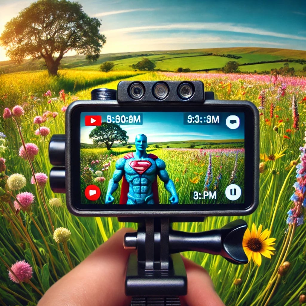 A YouTube thumbnail for a bodycam footage video in a beautiful field. The image shows a bodycam perspective capturing a serene and picturesque landscape with vibrant green grass, colorful wildflowers, and a clear blue sky. In the center, there is a superhero toy with a camera mounted on a moving tripod. The overall vibe is peaceful and awe-inspiring, reflecting the beauty of the natural setting. No text is included. A YouTube thumbnail for a bodycam footage video in a beautiful field. The image shows a bodycam perspective capturing a serene and picturesque landscape with vibrant green grass, colorful wildflowers, and a clear blue sky. In the center, there is a superhero toy with a camera mounted on a moving tripod. The overall vibe is peaceful and awe-inspiring, reflecting the beauty of the natural setting. No text is included.