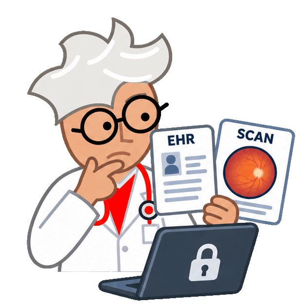 Digital Health Buzz medical mascot combines EHR and eye-scan cards into a possible trial-match shortlist on a locked local computer. Digital Health Buzz medical mascot combines EHR and eye-scan cards into a possible trial-match shortlist on a locked local computer.