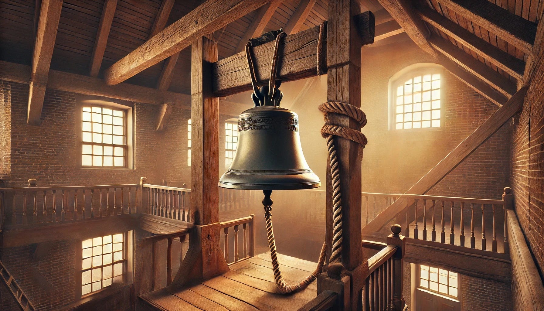 The original Pennsylvania State House Bell hanging in the bell tower of Independence Hall in 1776