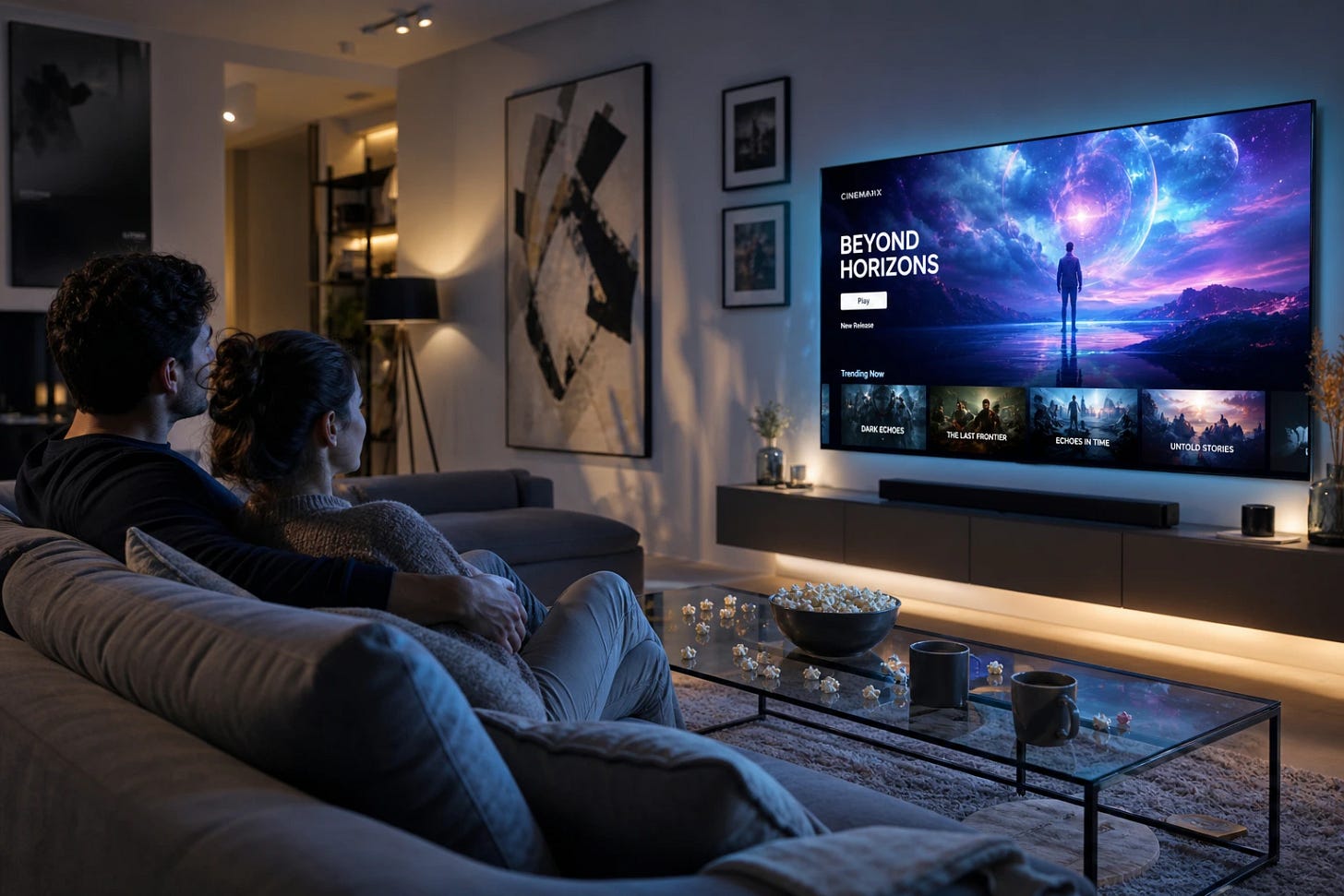 Couple watching Netflix in living room with streaming platform hypnotizing them