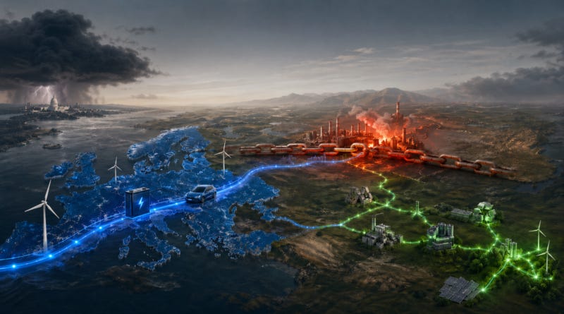 Chatgpt generated image of Europe navigating between China’s processing choke point and America’s federal volatility toward a more resilient battery minerals future.