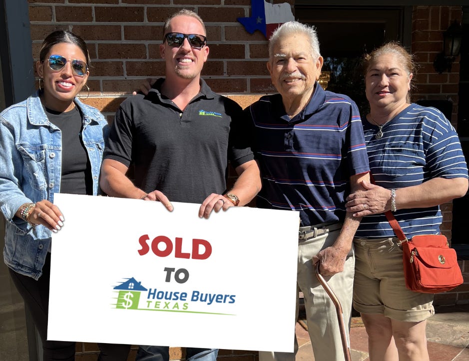 Group of four people celebrating the sale of a home, holding a "SOLD" sign with the House Buyers Texas logo, in front of a brick house displaying the address "2018." Group of four people celebrating the sale of a home, holding a "SOLD" sign with the House Buyers Texas logo, in front of a brick house displaying the address "2018."