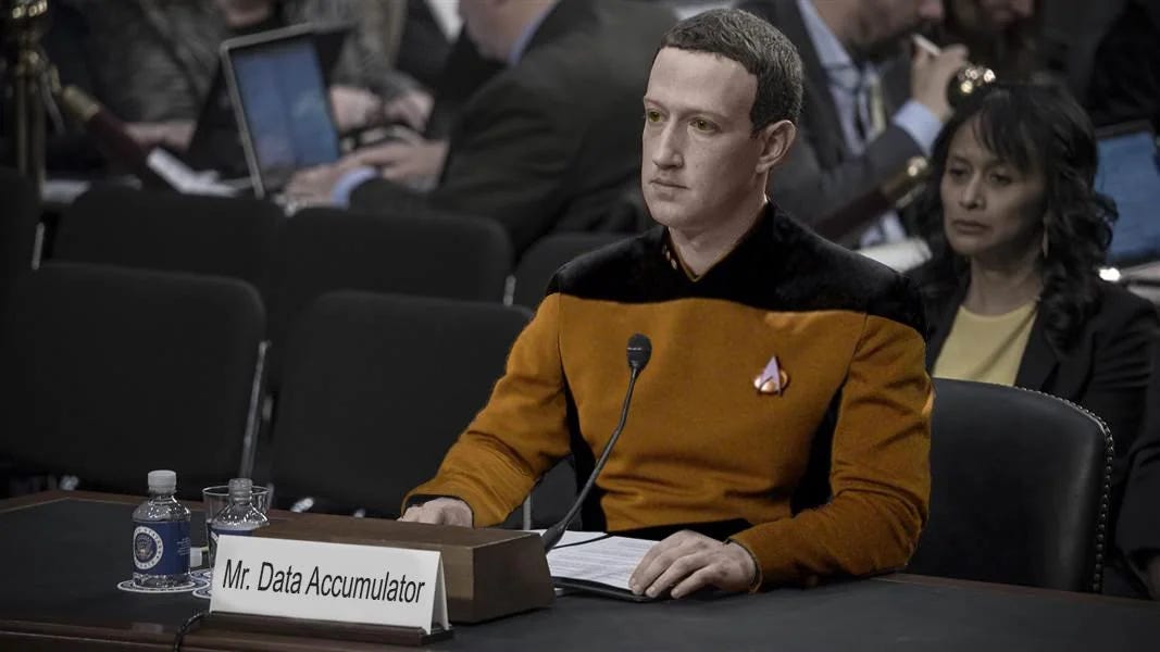 Silly manipulated image showing Zuckerberg in front of the senate but dressed as Data from Star Trek and wearing a Federation uniform