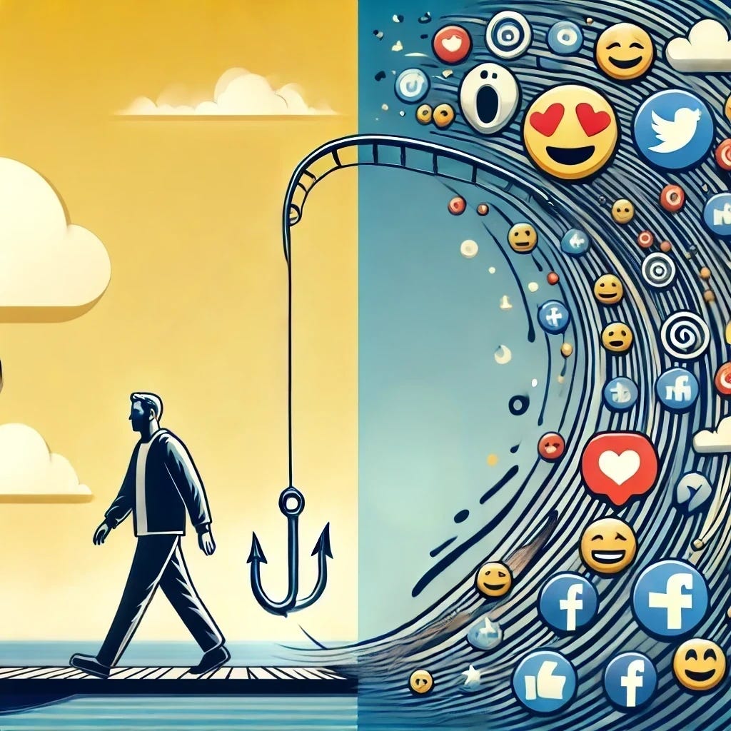 A stylized illustration of a man walking away to the left from a fishing hook on the right. The fishing hook remains and is now surrounded by floating emojis that are friendlier and less scary, with a more neutral and inviting expression. The background is plain, featuring only clouds. The man is walking on a wooden dock that extends into the distance, adding depth to the scene. His eye has been replaced with a more neutral, natural appearance, maintaining the bold and expressive art style. The area around the man remains calm and serene, creating a contrast between his peaceful detachment and the presence of the hook.