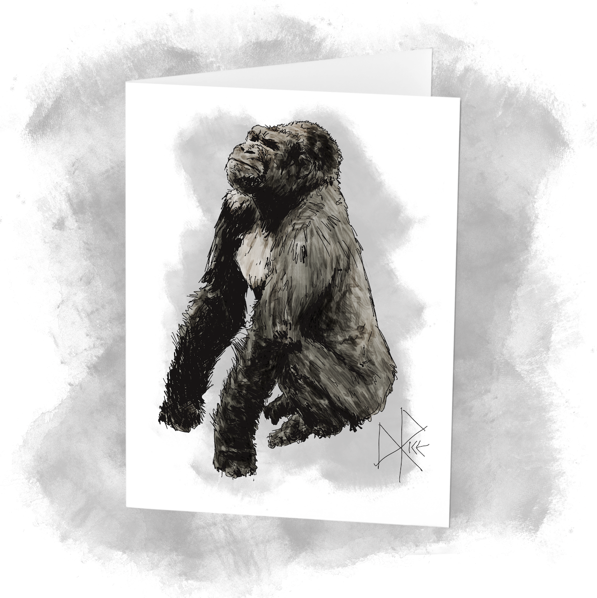 Leaning into both balled fists, knuckles pressed into the earth, an adult gorilla sits on the ground. Sketch art by Don Rice.