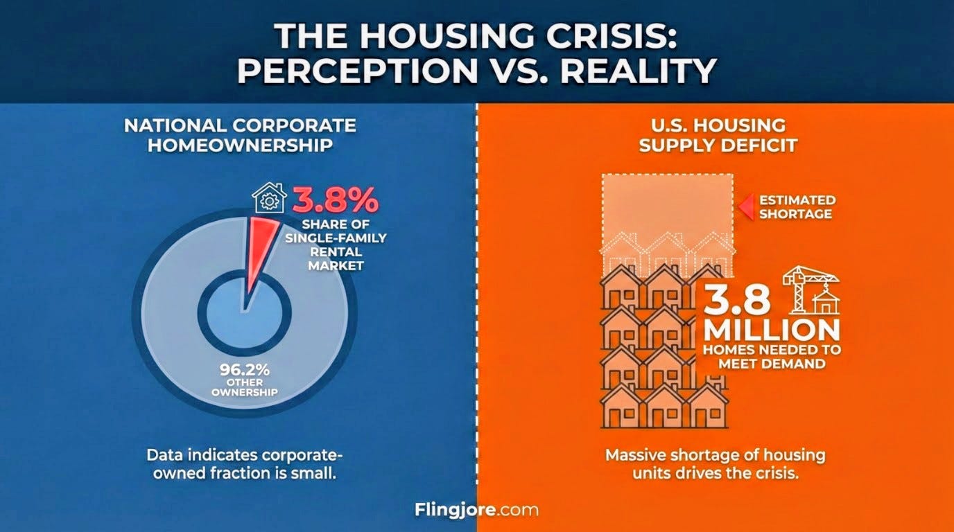 Split-screen chart comparing the 3.8 percent national corporate homeownership rate against the 3.8 million U.S. housing unit supply deficit. Graphic by Flingjore.com.