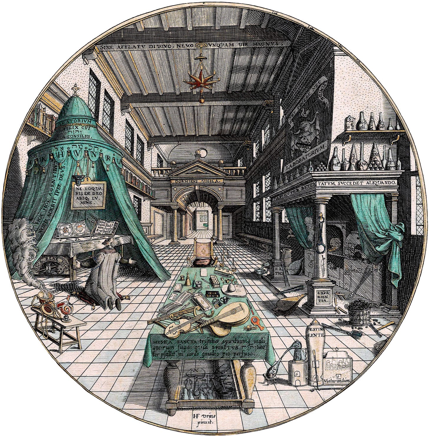 A round, hand-colored engraving of a vast hall: on the left a man kneels in prayer inside a green tent, in the center stands a table covered with musical instruments, and on the right furnaces and shelves of glass vessels. A round, hand-colored engraving of a vast hall: on the left a man kneels in prayer inside a green tent, in the center stands a table covered with musical instruments, and on the right furnaces and shelves of glass vessels.