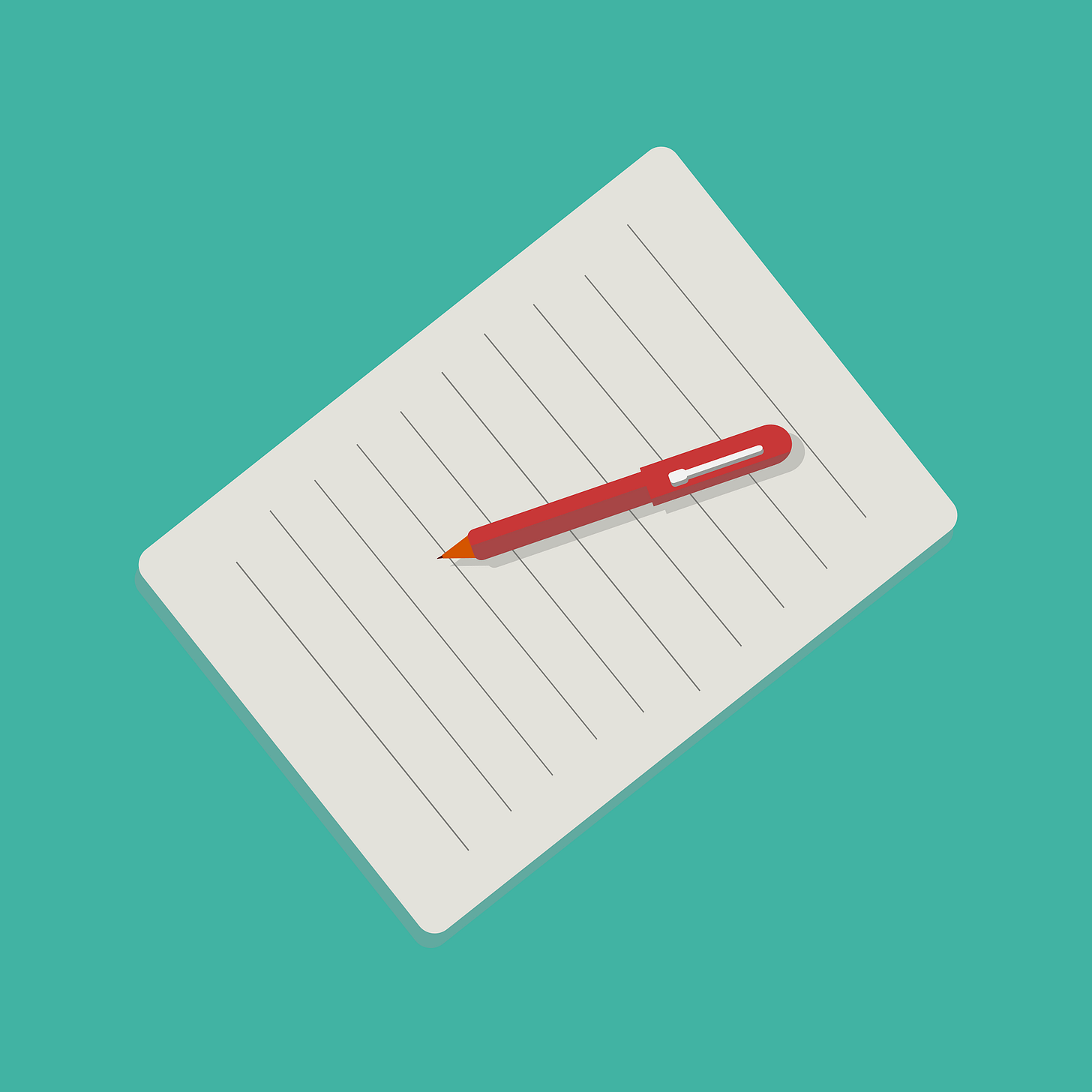 illustration of red pen and sheet of paper on a plain green background