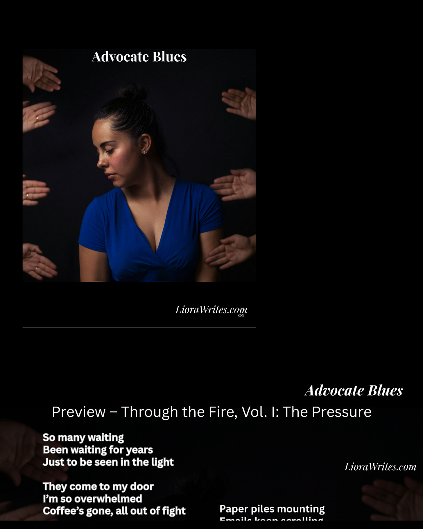 Sneak peek at Advocate Blues, the poem; Image of a woman dressed in blue, looking to one side, as hands reach toward her from both sides