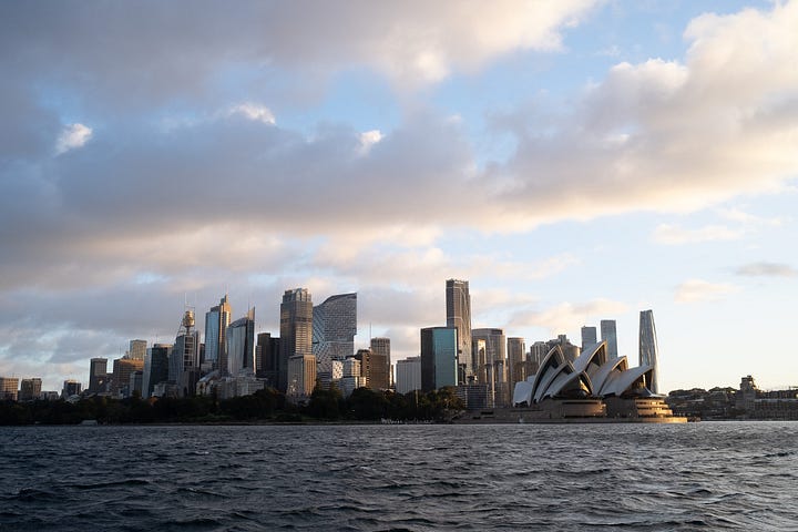 Skyline of Sydney, Australia at sunset, and blue hour.