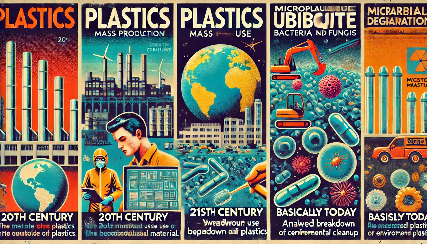 A retrofuturistic widescreen poster illustrating the evolution of plastics. The left third shows a 20th-century factory with mass production of plastics, featuring assembly lines and workers, with the text '20th century: Plastics: Mass Production - Widespread use revolutionized material.' An icon of a factory 🏭 is included. The middle third depicts a 21st-century landscape filled with microplastics, with the text '21st century: Microplastics Ubiquity - Microplastics became pervasive in the environment.' An icon of the Earth 🌍 is included. The right third shows a close-up of bacteria and fungi breaking down plastics, with the text 'Basically Today: Microbial Degradation: Bacteria and Fungi - Enabled breakdown of certain plastics, aiding environmental cleanup.' An icon of bacteria 🦠 is included. The style is retrofuturistic with bold colors and vintage design elements.