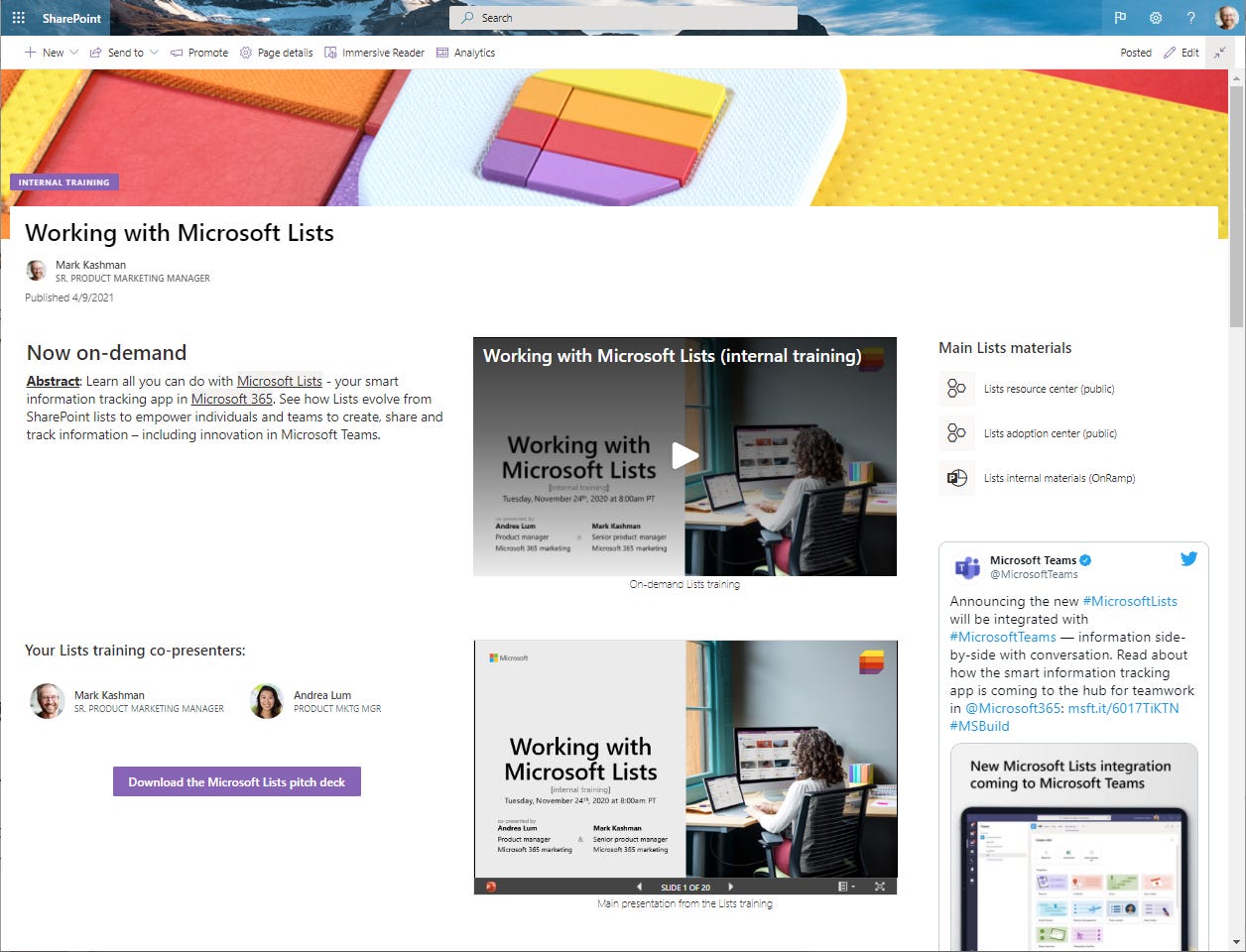 A SharePoint page in Microsoft 365 with multiple web parts, varying section layouts and multimedia - all used to created a on-demand, mini-dashboard. A SharePoint page in Microsoft 365 with multiple web parts, varying section layouts and multimedia - all used to created a on-demand, mini-dashboard.