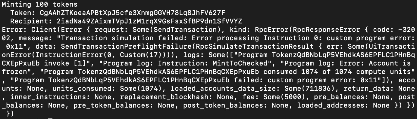 CLI output showing a failed mint to a frozen Token-2022 account
