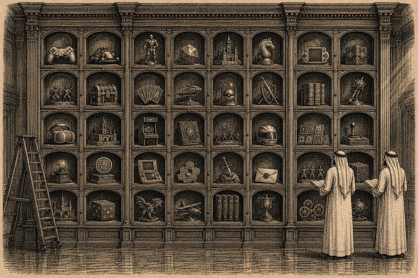Wood-engraving editorial illustration in the Thomas Nast Harper's Weekly style for Attention Capital's essay The Largest Attention Allocator In The World. The image shows an immense wood-paneled cabinet wall filled with dozens of arched glass-fronted display cases, each holding a single object representing a gaming IP catalog. Two robed figures attend the cabinet holding bound inventories. The visual argument: through Scopely, Niantic, EA, and listed stakes in Nintendo, Nexon, Koei Tecmo, and Capcom, PIF has assembled the most comprehensive gaming IP catalog in the world inside a single sovereign balance sheet. Keywords: PIF gaming, Savvy Games, Scopely, Electronic Arts acquisition, Nintendo stake, gaming IP, sovereign credit. Wood-engraving editorial illustration in the Thomas Nast Harper's Weekly style for Attention Capital's essay The Largest Attention Allocator In The World. The image shows an immense wood-paneled cabinet wall filled with dozens of arched glass-fronted display cases, each holding a single object representing a gaming IP catalog. Two robed figures attend the cabinet holding bound inventories. The visual argument: through Scopely, Niantic, EA, and listed stakes in Nintendo, Nexon, Koei Tecmo, and Capcom, PIF has assembled the most comprehensive gaming IP catalog in the world inside a single sovereign balance sheet. Keywords: PIF gaming, Savvy Games, Scopely, Electronic Arts acquisition, Nintendo stake, gaming IP, sovereign credit.