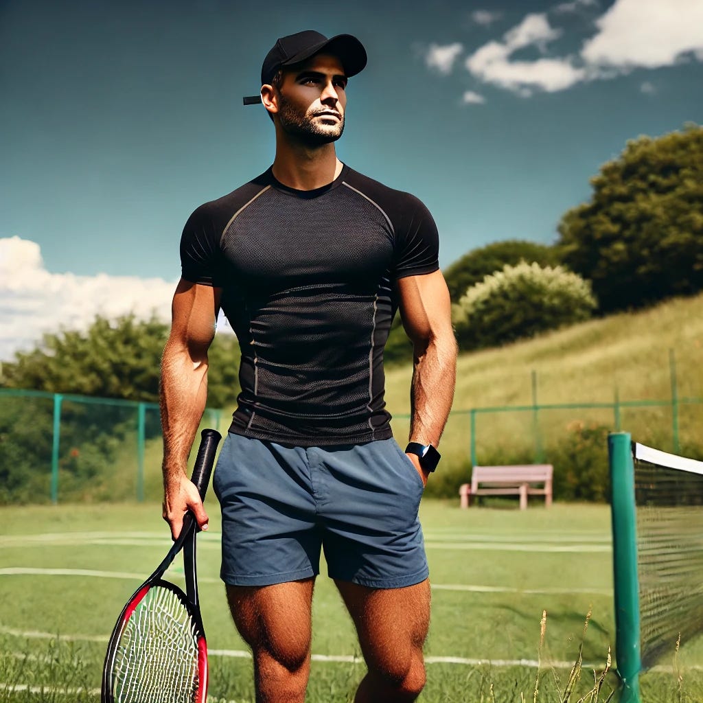 A strong and attractive tennis coach walking across a grassy field, wearing shorts and a cap, holding a tennis racket in one hand. The scene features a sunny day with a vibrant blue sky, lush greenery in the background, and a confident demeanor. The tennis coach has an athletic build and a focused expression, dressed in casual sporty attire.