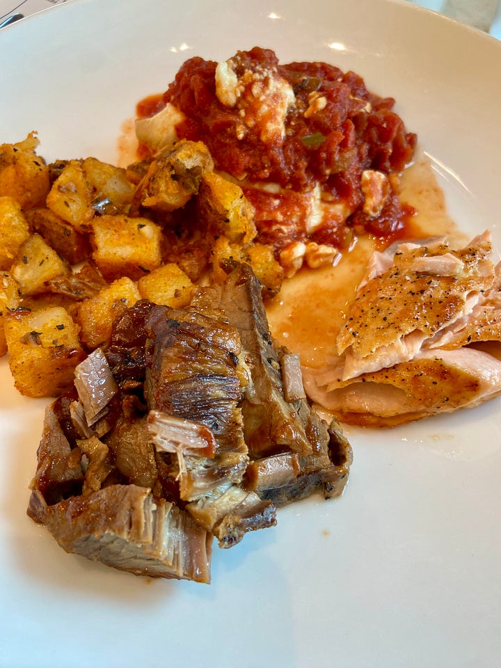 breakfast - protein & hot food, french toast & fruits, granolas & miso soup station