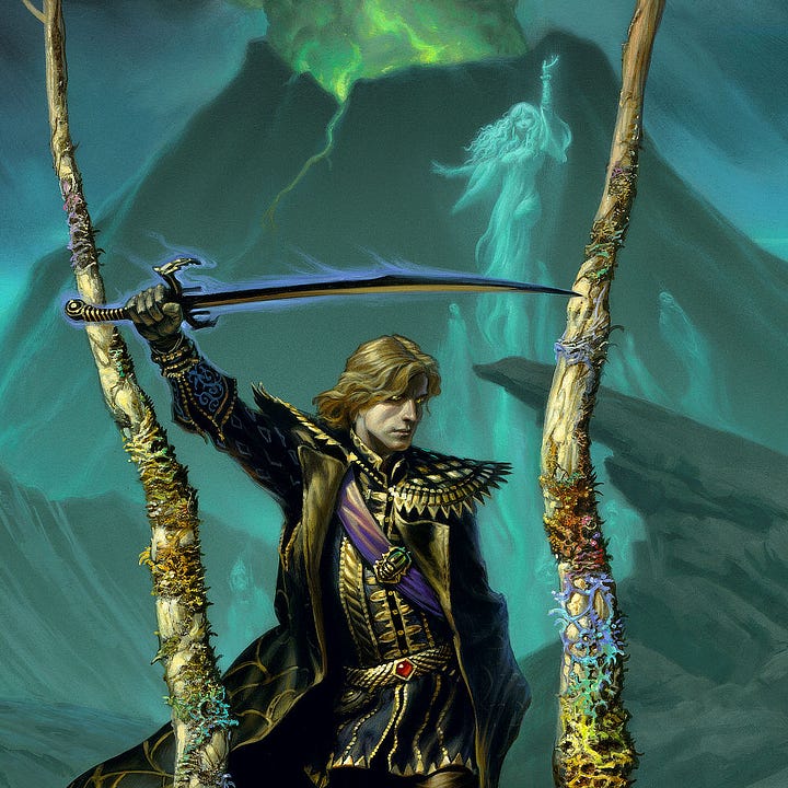 LEFT: Figure detail from CROWN OF SHADOWS featuring Gerald Tarrant dressed in fine black leather trimmed in gold. His eyes glint with gold as his head tilts down as if he's lost in thought. His shoulders are gold studded with pointed accents. The purple sash running beneath his long jacket is decorated with a green gem broach. His belt is scaled like a snake and accented with a rounded pentagonal ruby. He holds aloft a sword drenched in purple flame. RIGHT: Background detail from CROWN OF SHADOWS featuring blue-green spirits rising behind Gerald Tarrant against the backdrop of a volcano smoldering with green flame. The figure rising highest is a female with long hair and a flowing gown. She raises one arm up while the other is out to the side.