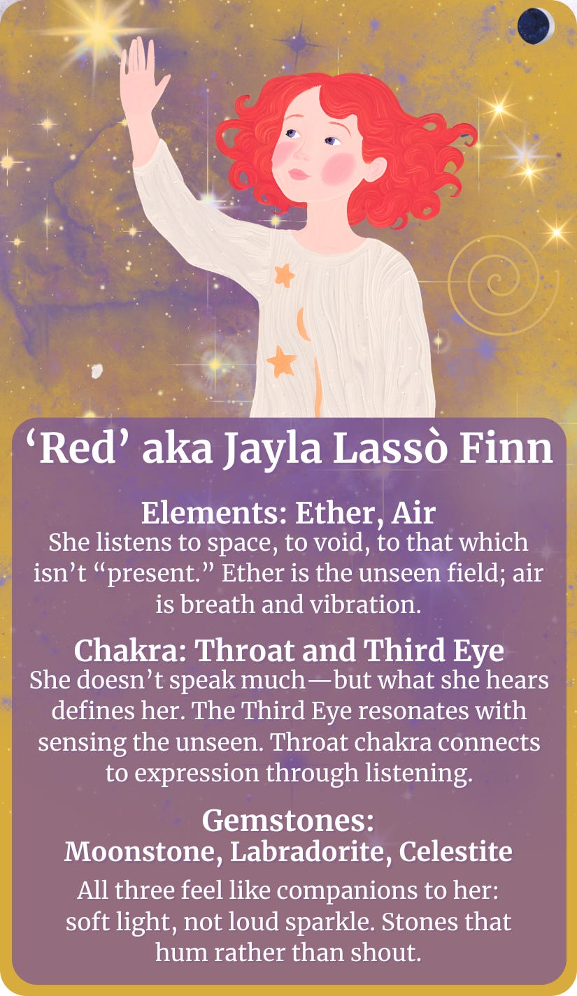 A star-sparkled profile card featuring Red with curly crimson hair reaching toward a golden star. The text outlines her elemental alignment, chakras, and companion gemstones: Moonstone, Labradorite, and Celestite.