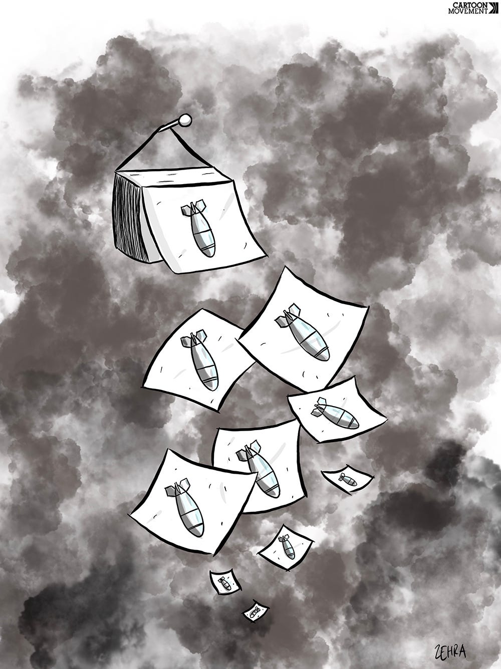 Cartoon showing a calendar with pages falling off. Instead of a date, each page has a bomb depicted on it.