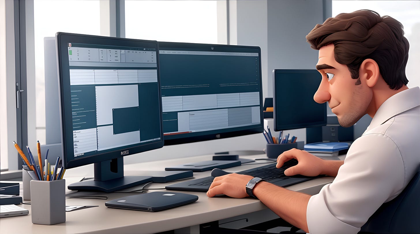 a man working on excel at a busy desk