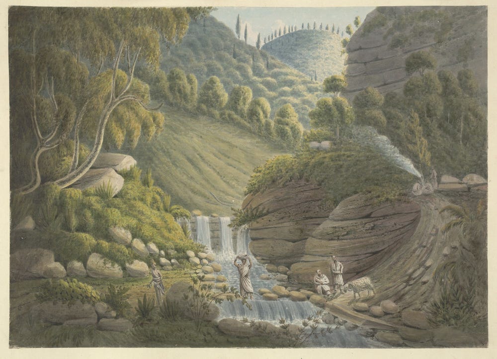 An etcing of thickly forested mountain slopes giving way to a gushing river.