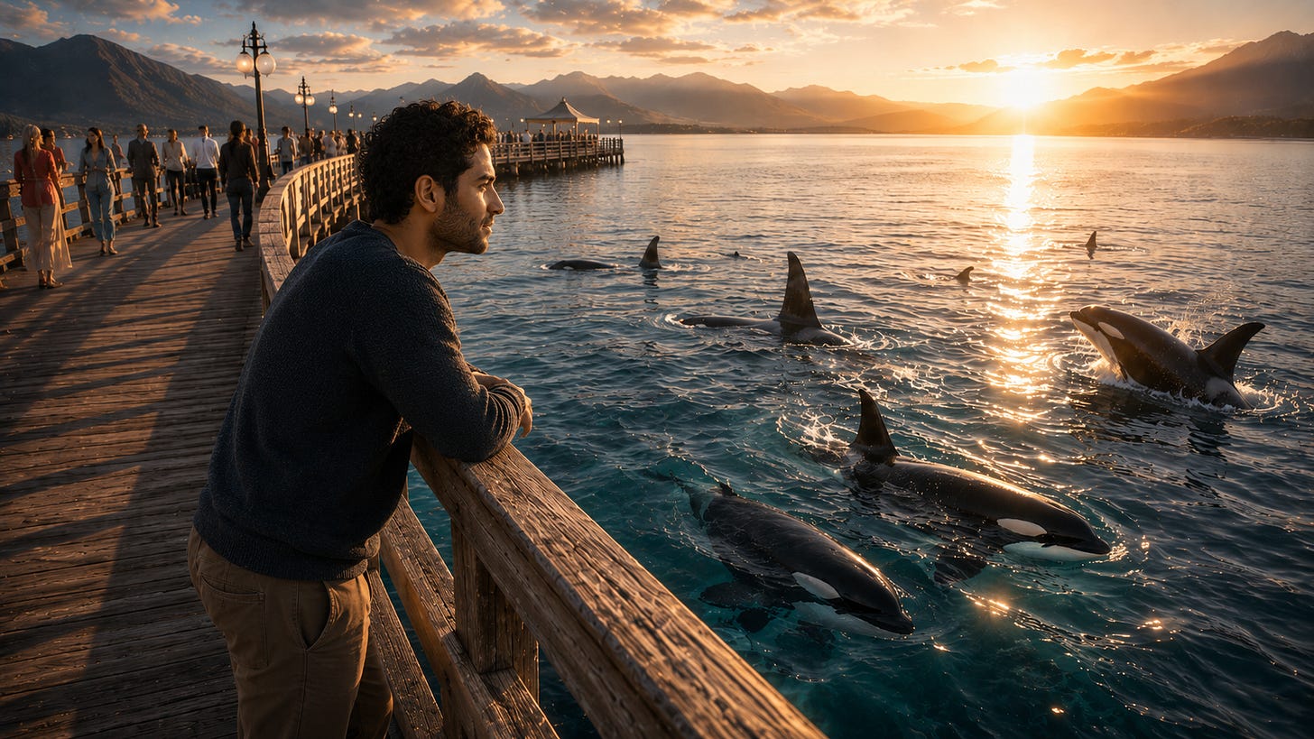A solitary man stands apart on a waterfront bridge at sunset, watching a peaceful pod of orcas swim below, symbolizing belonging after rejection.