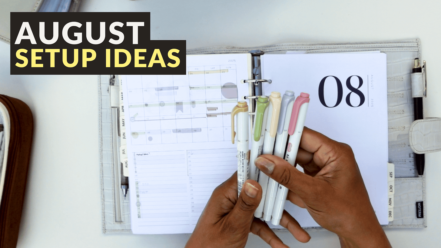 Txt: August Setup Ideas. Img: Cream croc planner and Mildliners