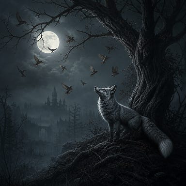 Symbolic depiction of a silver fox and sparrows in a misty Barovian forest; the fox poised beneath a moonlit tree, sparrows circling above; atmosphere of melancholy and legend; Barovian Gothic tone; no resemblance to real people