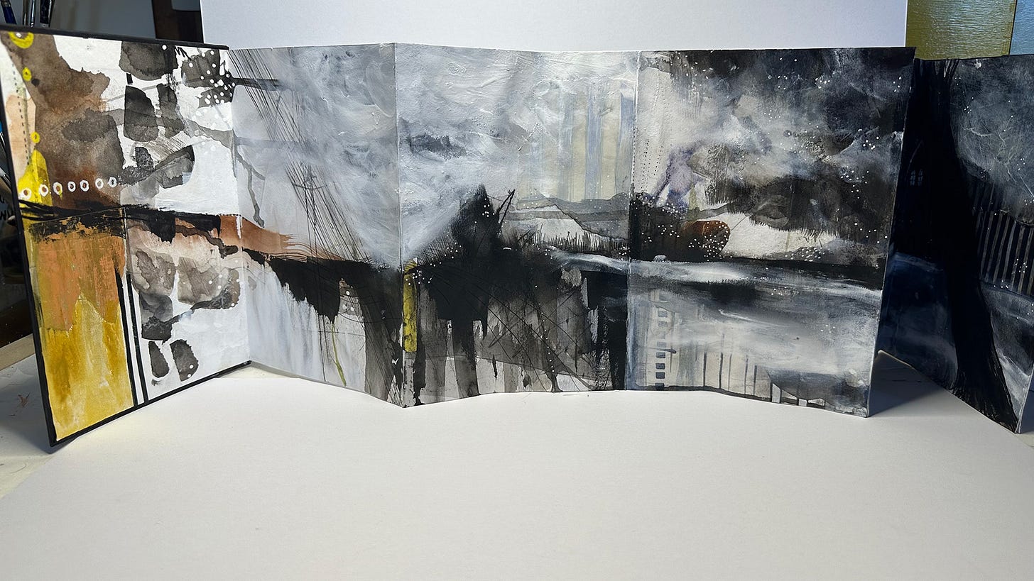 Abstracted landscape and shapes in greyscale with some collage and gold