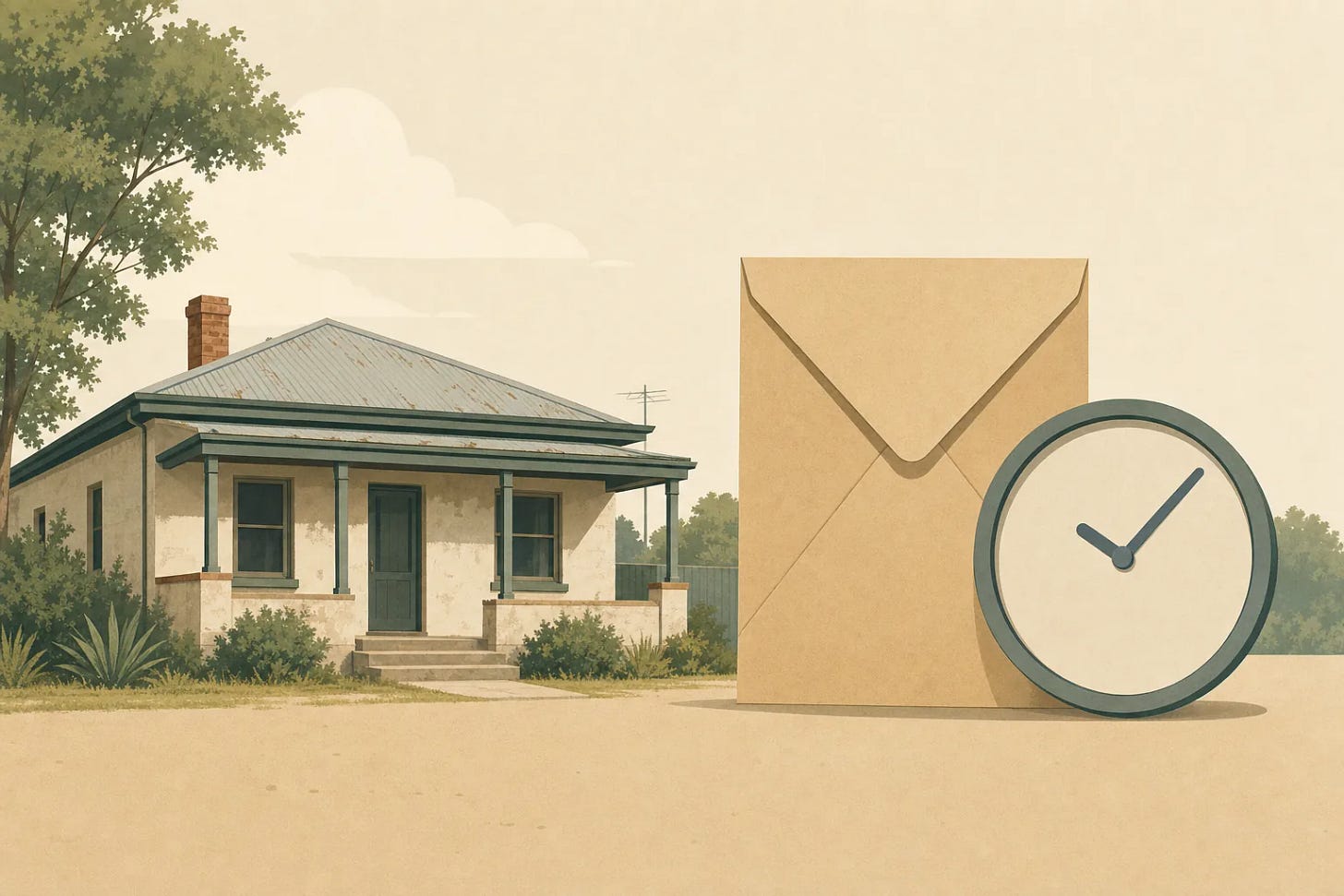 A flat illustration of a modest older house with a metal roof beside a large plain sealed envelope and a clock face with no numerals A flat illustration of a modest older house with a metal roof beside a large plain sealed envelope and a clock face with no numerals
