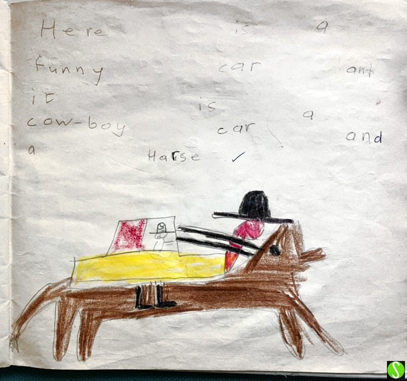 Kid's drawing of  'a funny cowboy car' by Steve Butcher, aged 5