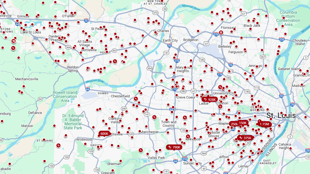 A screenshot of a Zillow overview of St. Louis, showcasing what appears to be mostly single family homes.