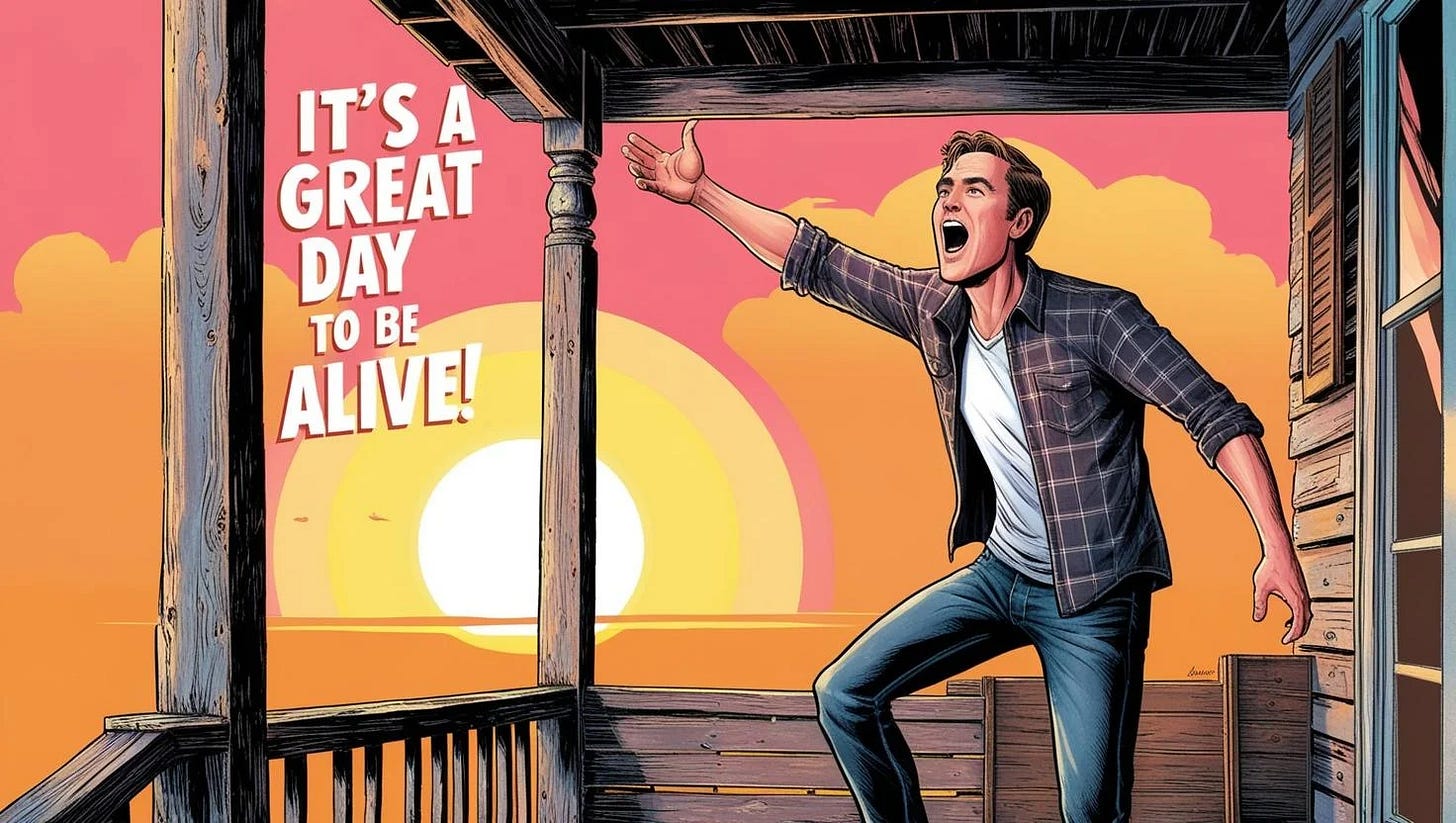 A man standing on his front porch yelling, "it's a great day to be alive."