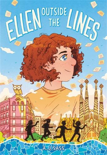 The cover art for Ellen Outside The Lines. Ellen is drawn in a cartoon style in the middle of the page. Prominent landmarks from the book are on her left and right beneath her, and four silhouettes are in movement profiles walking along a street at the bottom of the cover