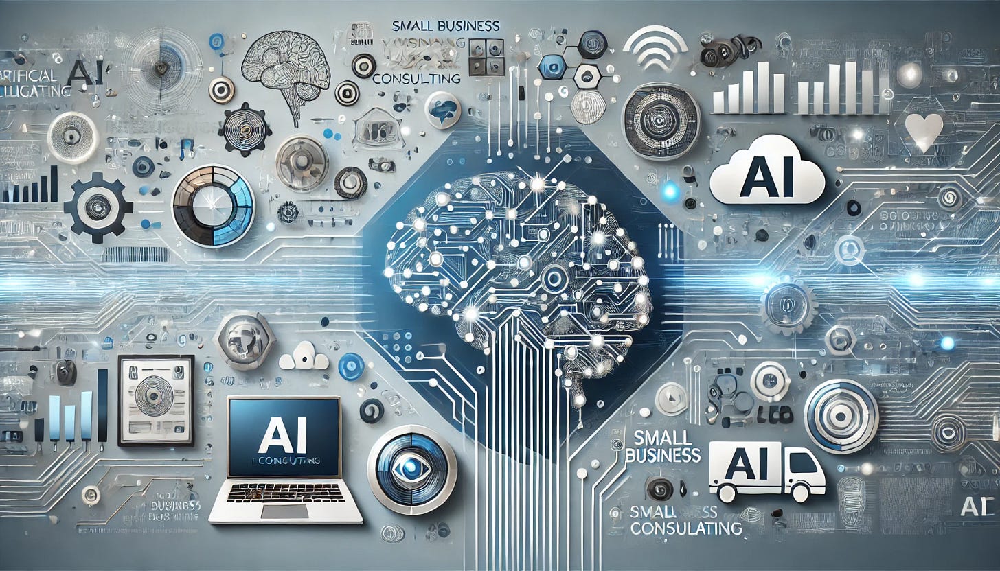 A modern, sleek banner image for an article about how artificial intelligence is transforming small business IT consulting workflows. The image should include abstract AI elements (like neural network patterns, digital brain, or data streams), alongside symbols of IT consulting (laptops, servers, cloud icons, dashboards). The color scheme should be professional and tech-oriented — using blues, grays, and whites — with a clean, futuristic design. Include a subtle overlay of circuit patterns and glowing effects to suggest innovation and efficiency. Ideal for use as a Medium article header.