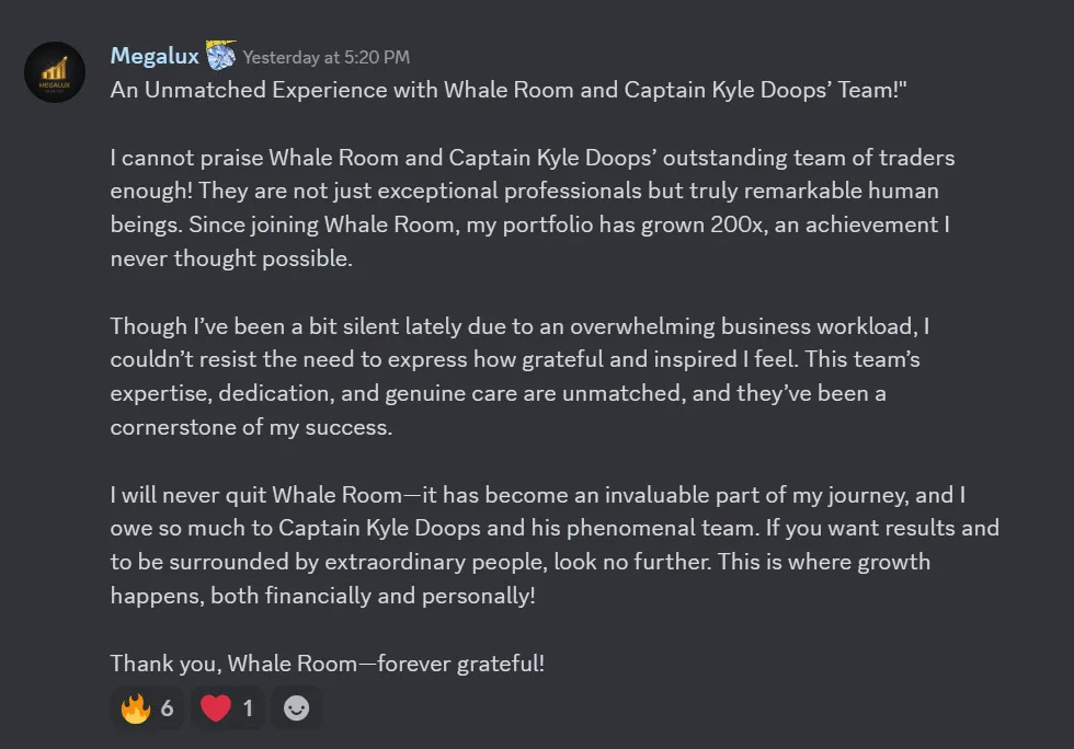 Testimonial graphic or screenshot from a Whale Room member praising the whaleroom