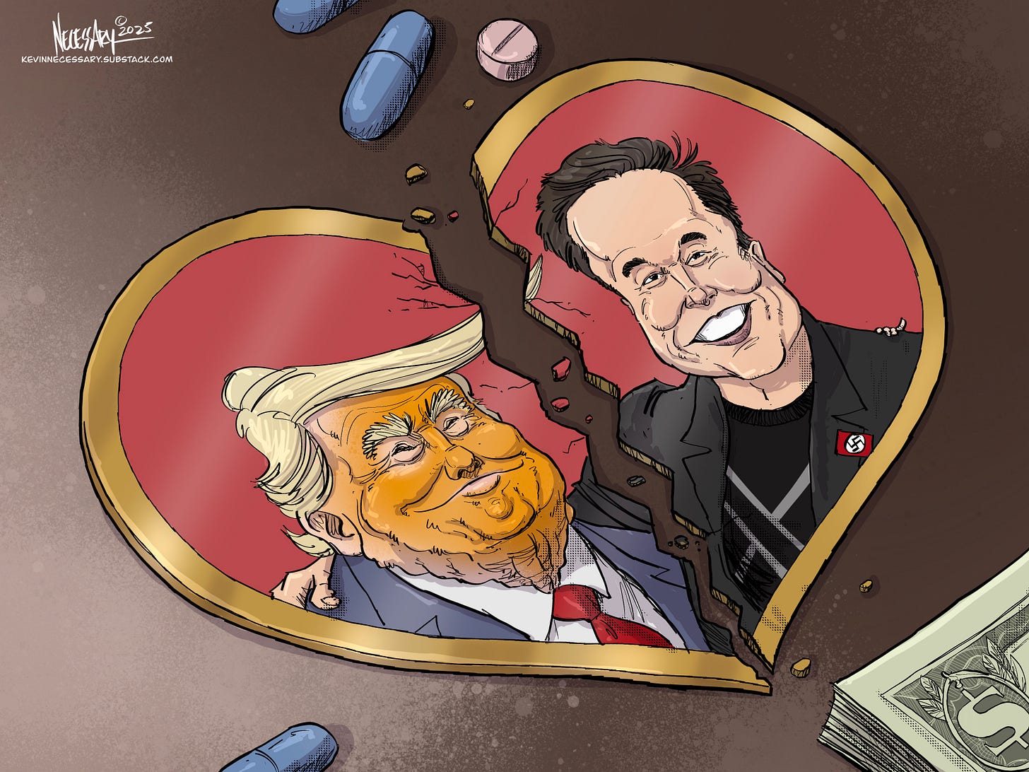 Cartoon depicting a picture of Donald Trump and Elon Musk in a heart-shaped frame. The frame is broken in two, indicating Trump and Musk's split. Surrounding the frame are drugs and money. Cartoon depicting a picture of Donald Trump and Elon Musk in a heart-shaped frame. The frame is broken in two, indicating Trump and Musk's split. Surrounding the frame are drugs and money.