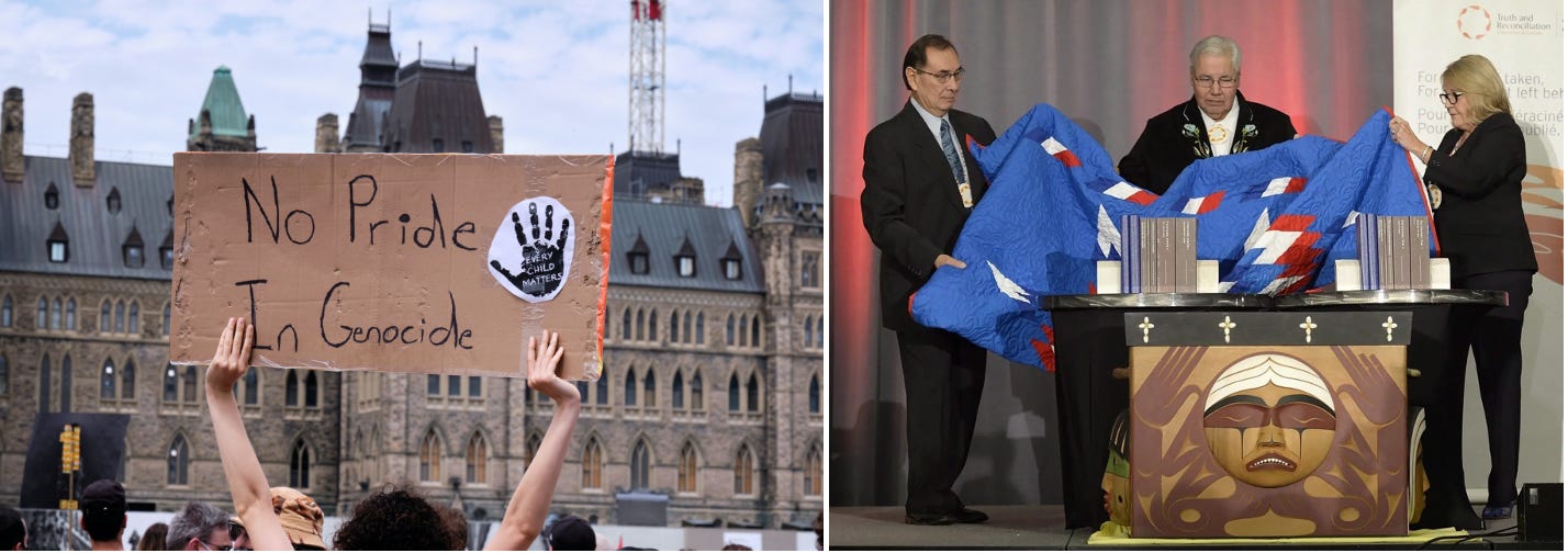 Indigenous and other so-called progressive activists pushed to have the treatment of Indigenous people labelled as genocide; the Truth and Reconciliation Commission (right) adopted the phrase “cultural genocide” to describe the IRS system, a deliberately inflammatory and one-sided term.