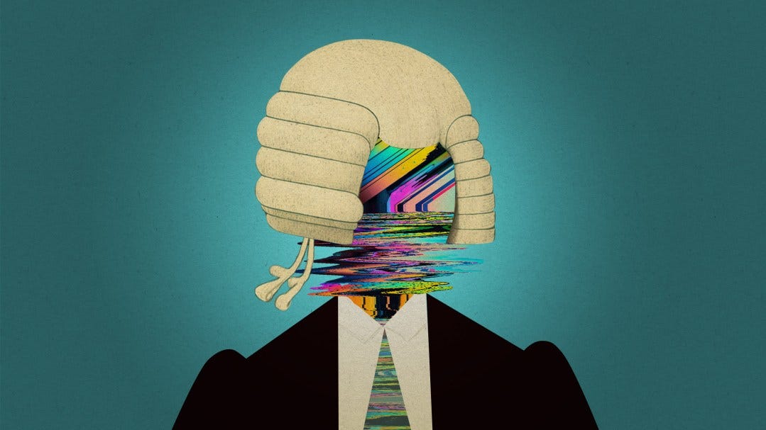 Cartoon image of a suited person with a lawyer wig, face blurred. Cartoon image of a suited person with a lawyer wig, face blurred.